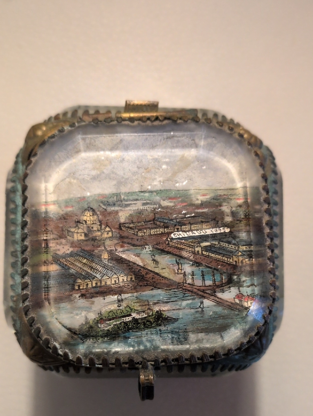 French 1893Worlds Fair Antique Scenic Glass Trinket Box with Metal Frame